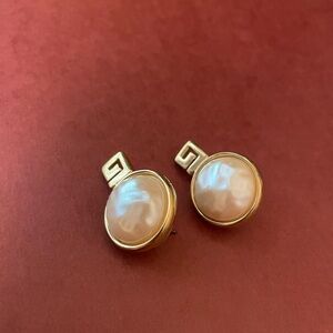 Vintage Givenchy Faux Pearl Gold Tone G Logo Pierced Earrings